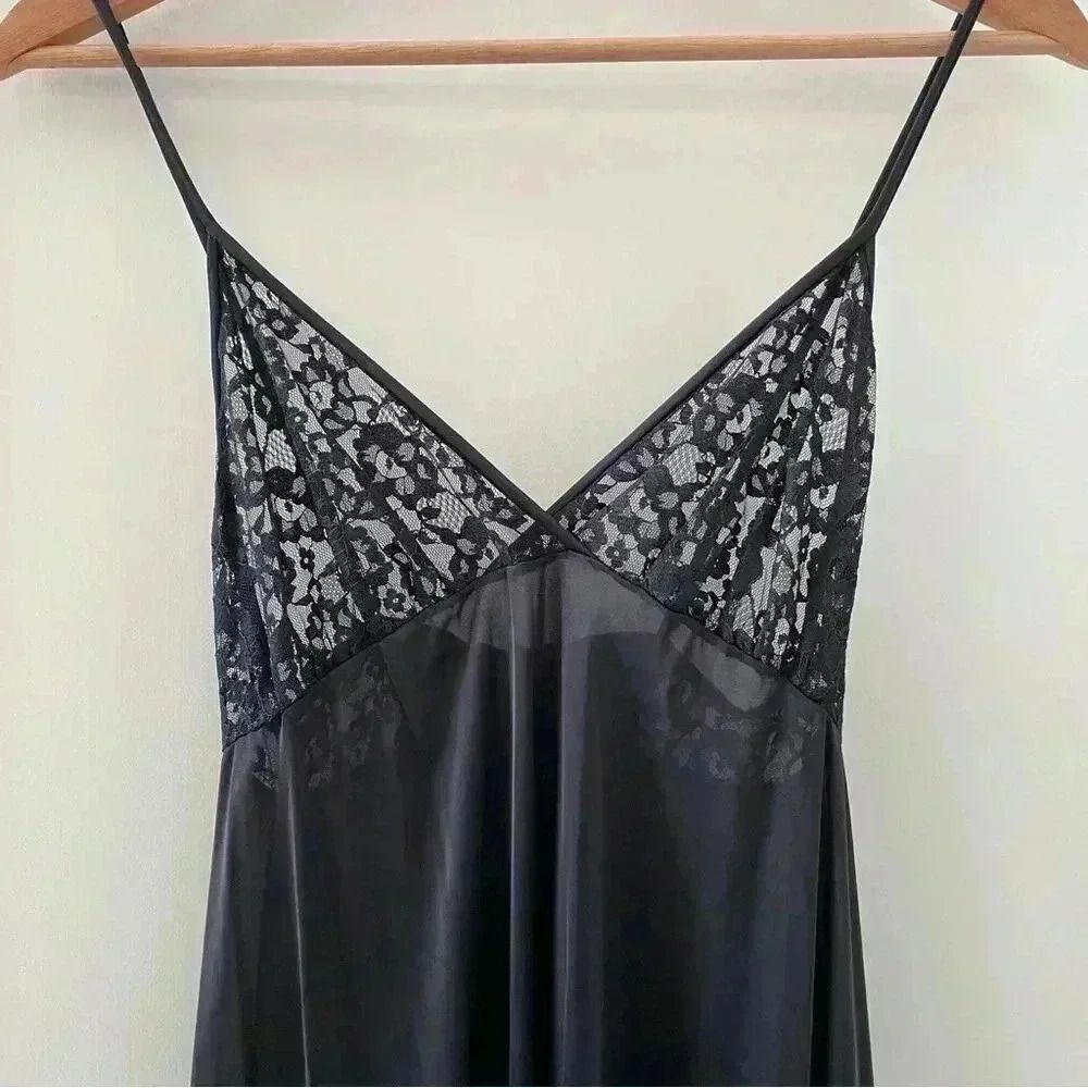 OLGA VINTAGE NIGHTGOWN Black Maxi Full Sweep Glam Goth Slip Sexy Dress Size S